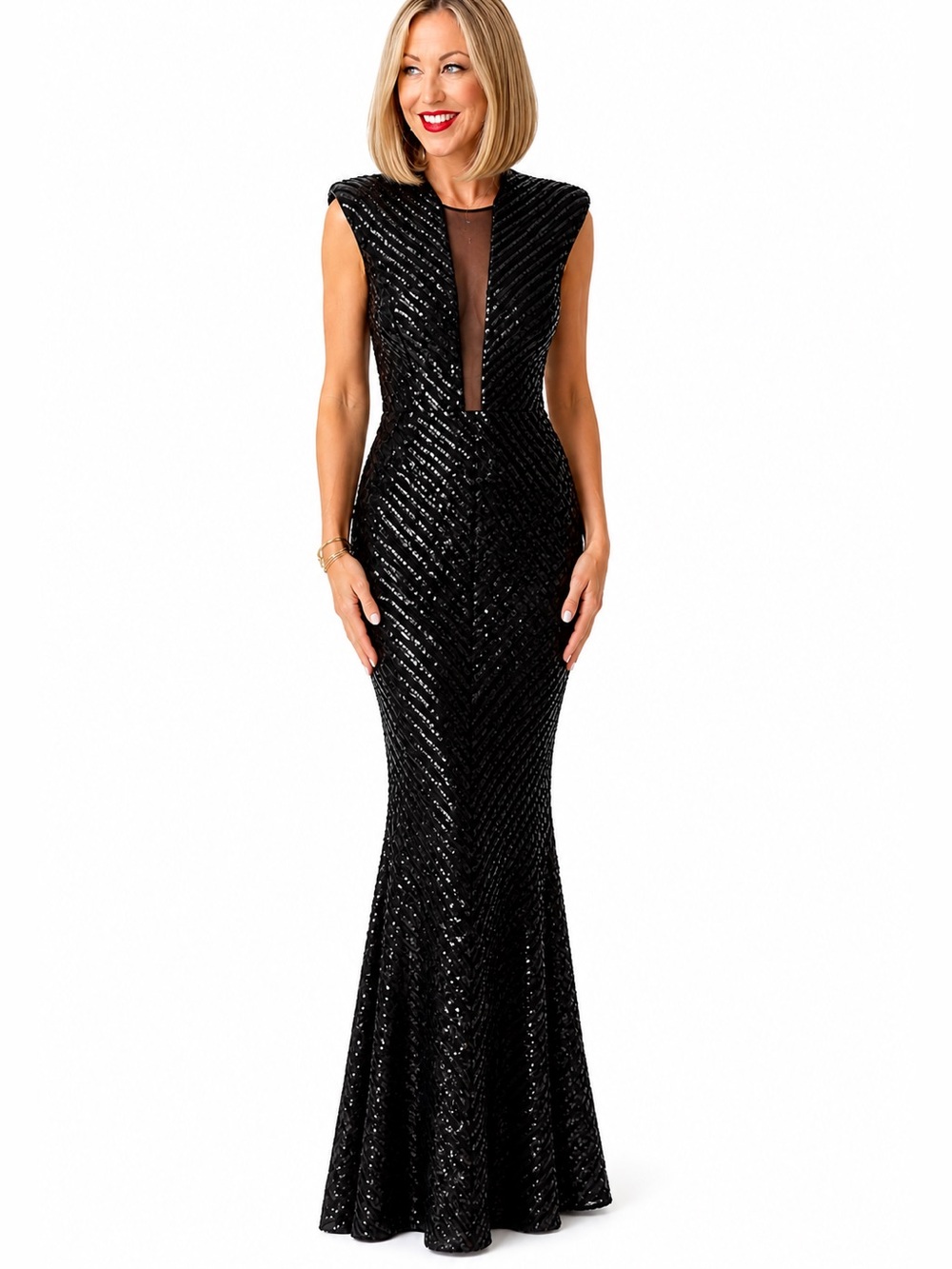 Black Sequin Mermaid Gown Mesh Plunge Formal Dress Size M NovaLuxe
